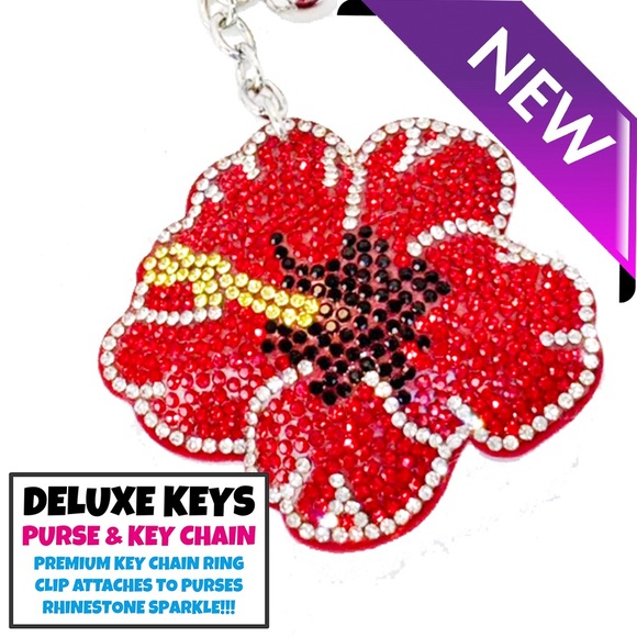 DeLuxe Keys Rhinestone Keychain/Purse Chain RED HIBISCUS - Picture 3 of 3